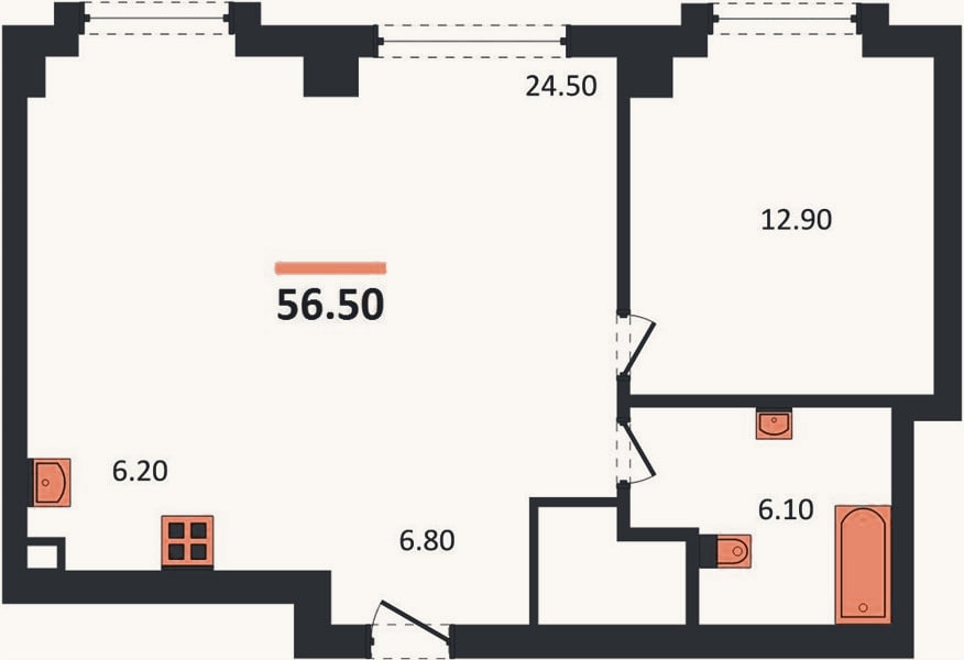 Планировка: 1-к, 56,5 м²