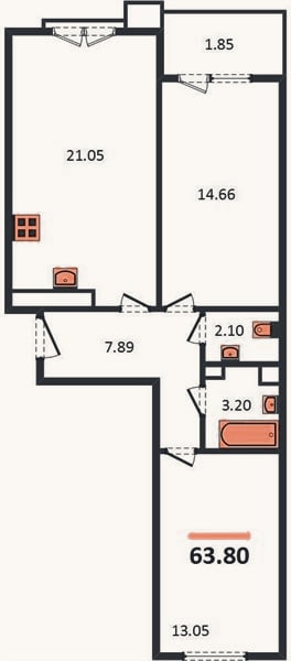Планировка: 2-к, 63,8 м²