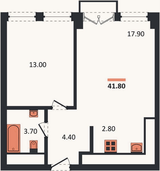 Планировка: 1-к, 41,8 м²