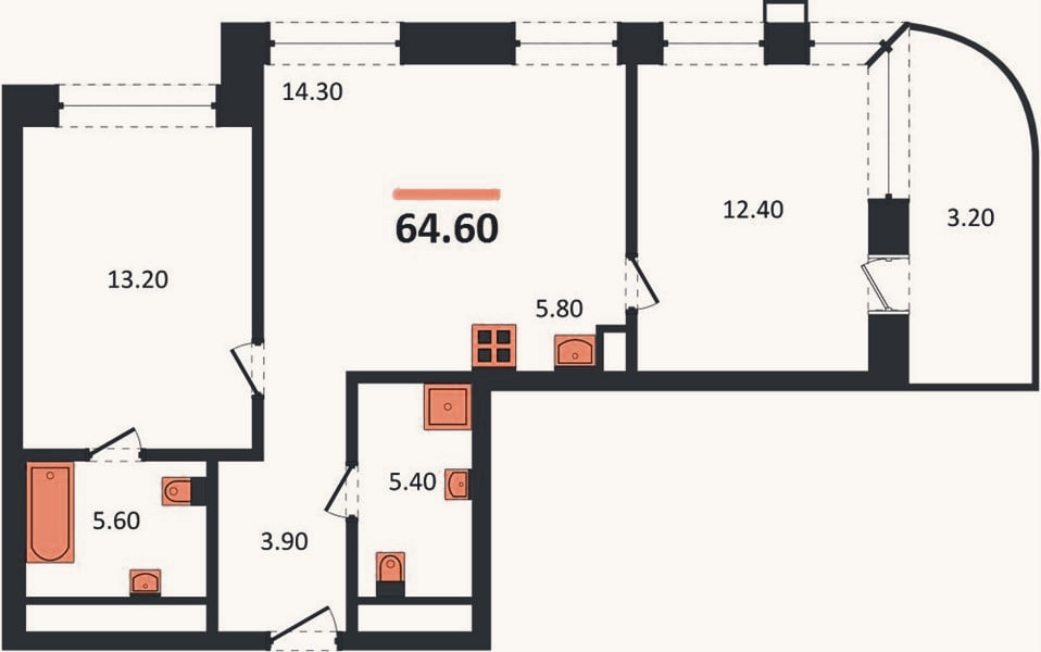 Планировка: 2-к, 64,6 м²