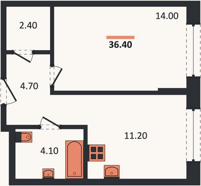 Планировка: 1-к, 36,4 м²