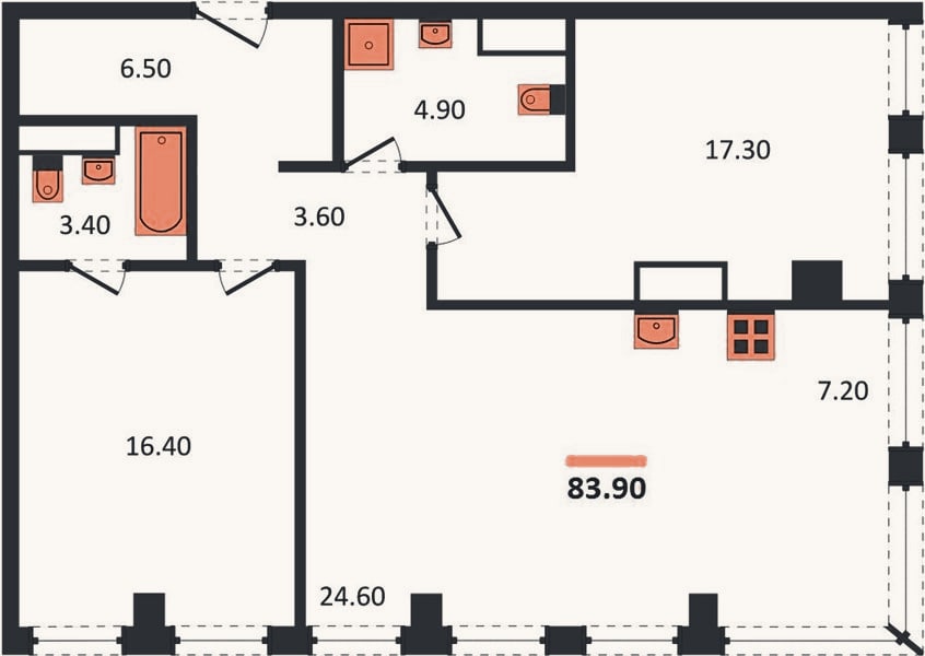 Планировка: 2-к, 83,9 м²