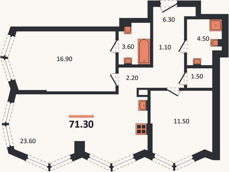 Планировка: 2-к, 71,3 м²