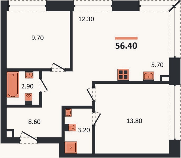 Планировка: 2-к, 56,4 м²