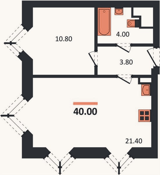 Планировка: 1-к, 40 м²