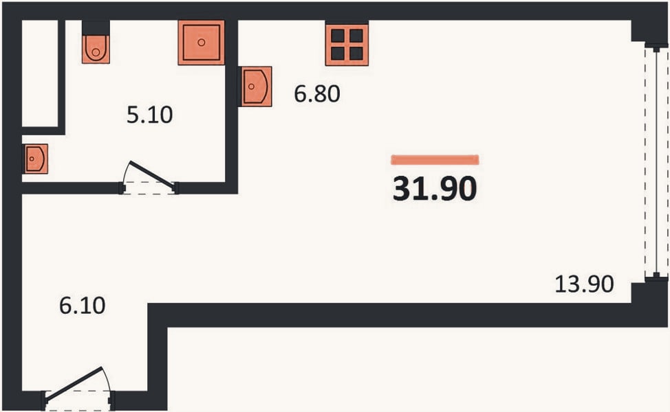Планировка: Студия, 31,9 м²
