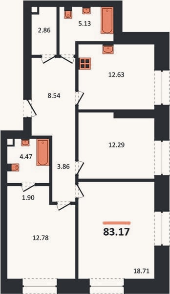 Планировка: 3-к, 83,2 м²
