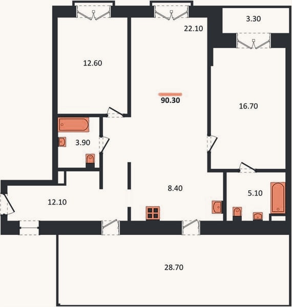 Планировка: 2-к, 90,3 м²