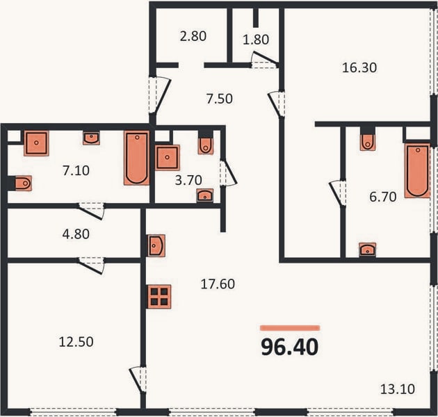 Планировка: 2-к, 96,4 м²