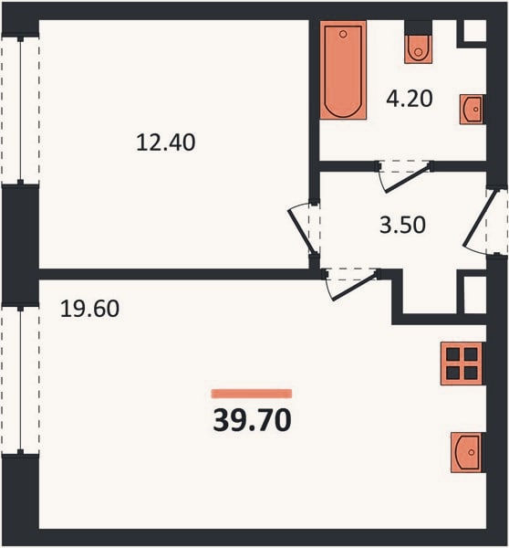 Планировка: 1-к, 39,7 м²