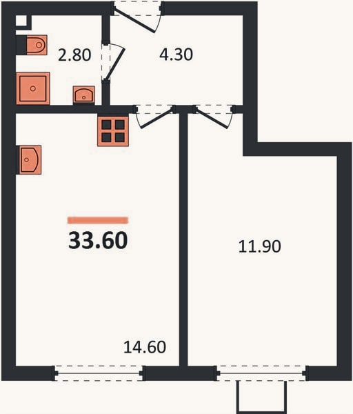 Планировка: 1-к, 33,6 м²