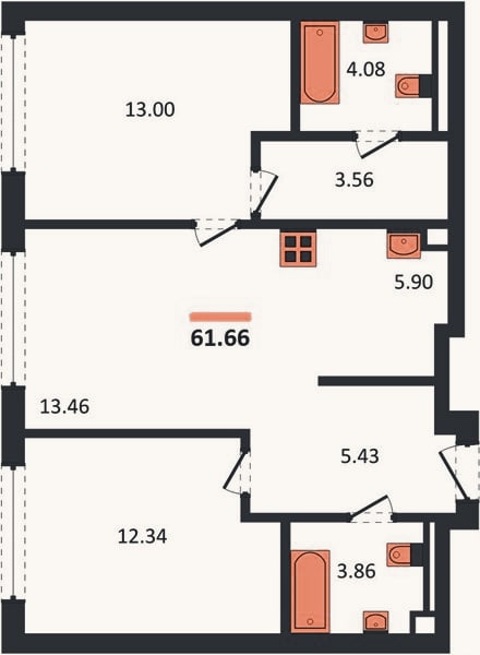Планировка: 2-к, 61,7 м²