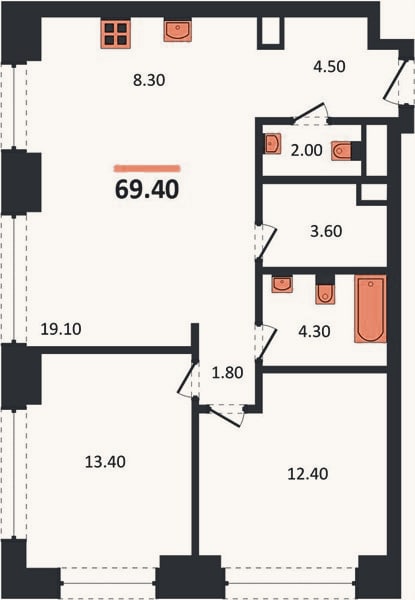 Планировка: 2-к, 69,4 м²