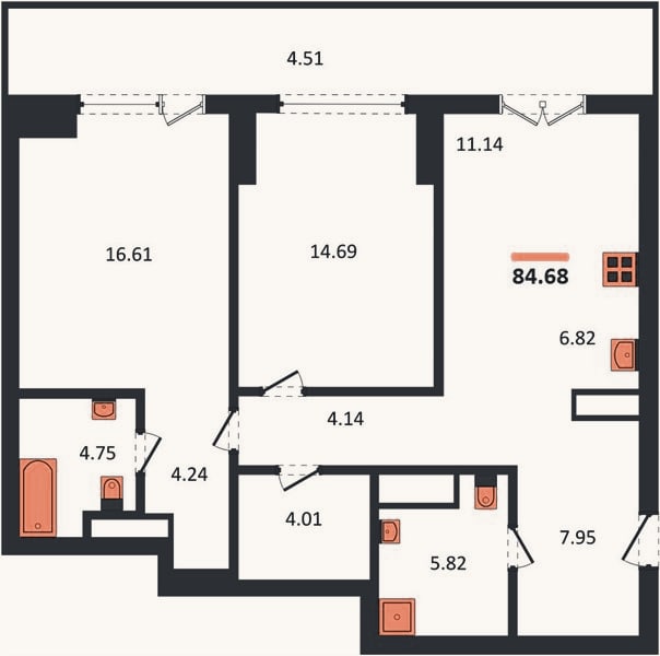 Планировка: 2-к, 84,7 м²