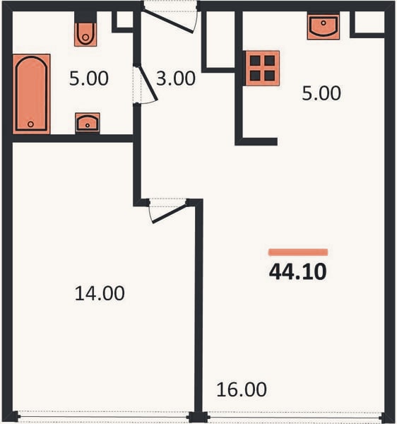 Планировка: 1-к, 44,1 м²