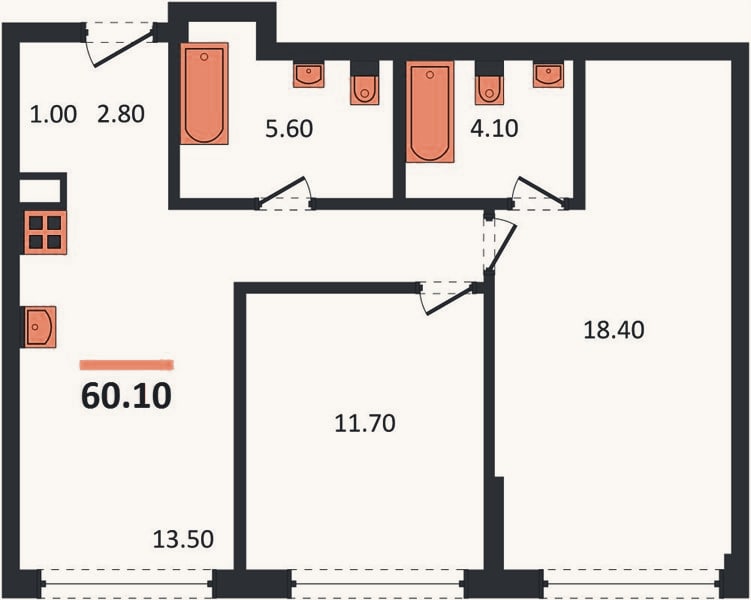 Планировка: 2-к, 60,1 м²