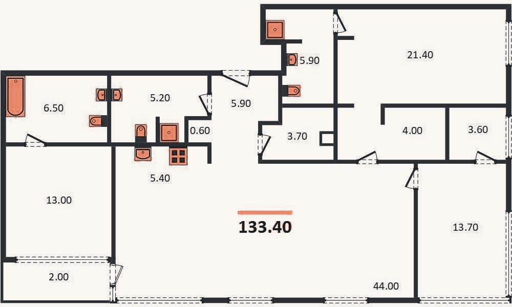 Планировка: 3-к, 133,2 м²