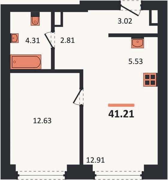 Планировка: 1-к, 41,2 м²