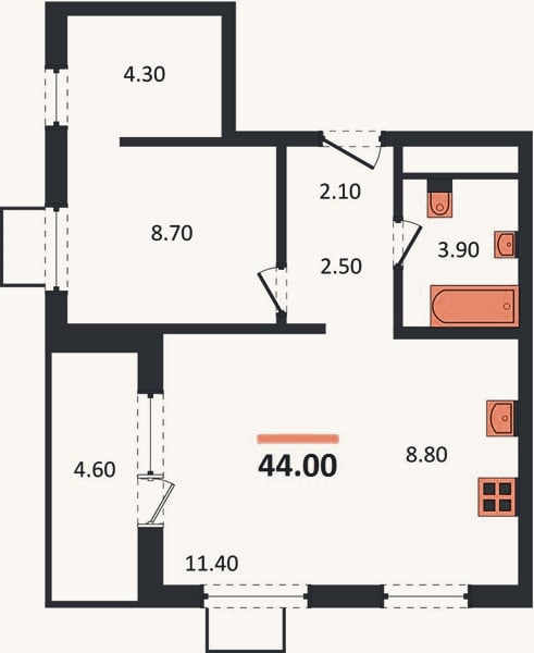 Планировка: 1-к, 44 м²