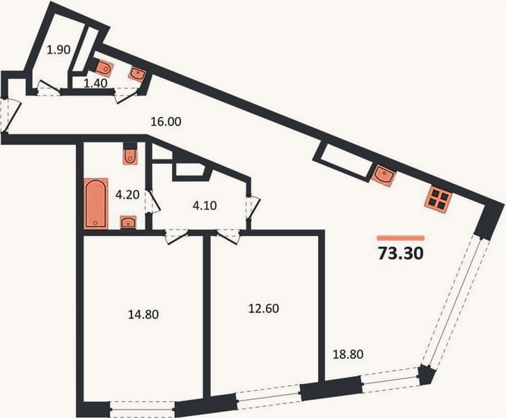 Планировка: 2-к, 73,3 м²