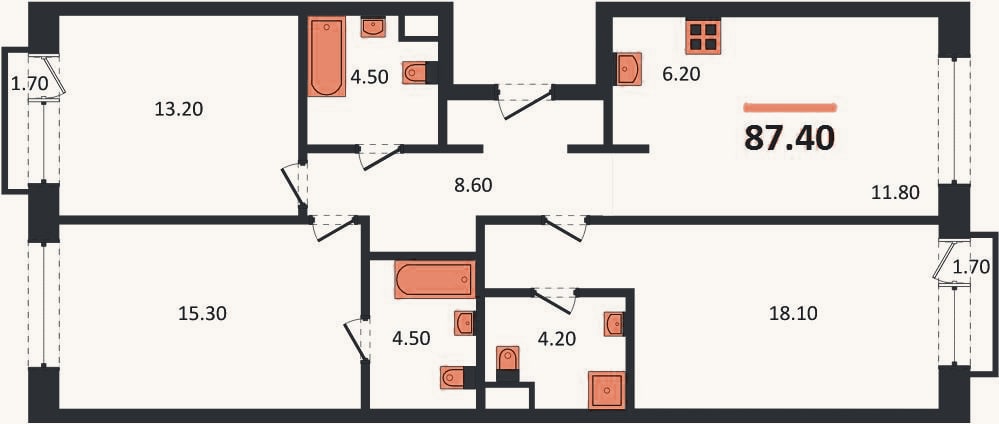 Планировка: 3-к, 87,4 м²