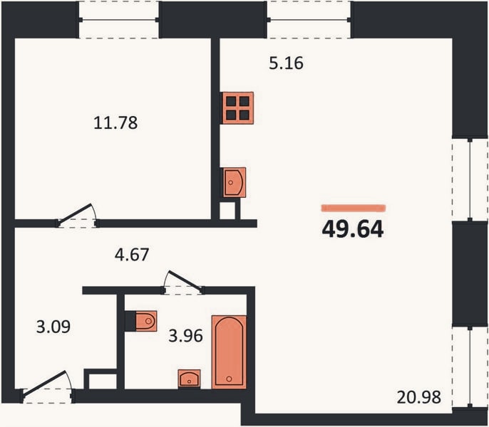 Планировка: 1-к, 49,6 м²