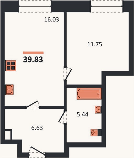 Планировка: 1-к, 39,8 м²