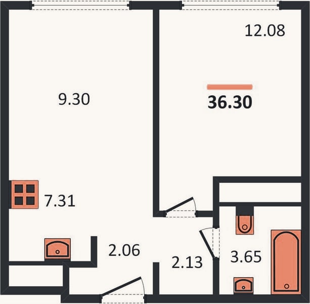 Планировка: 1-к, 36,2 м²