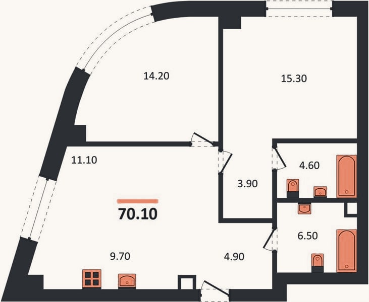 Планировка: 2-к, 70,1 м²