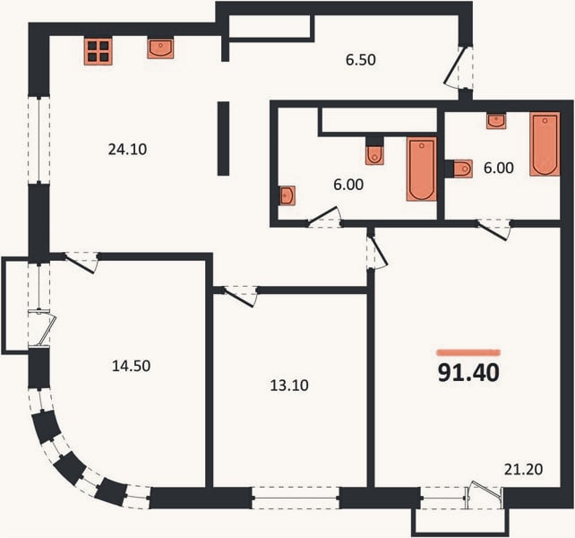 Планировка: 3-к, 91,4 м²