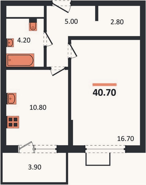 Планировка: 1-к, 40,7 м²