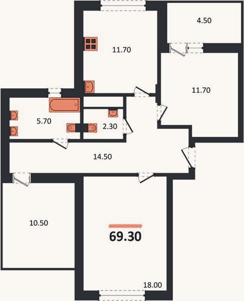 Планировка: 2-к, 69,3 м²