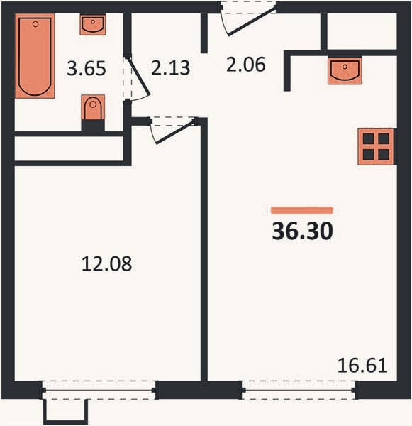 Планировка: 1-к, 36,2 м²