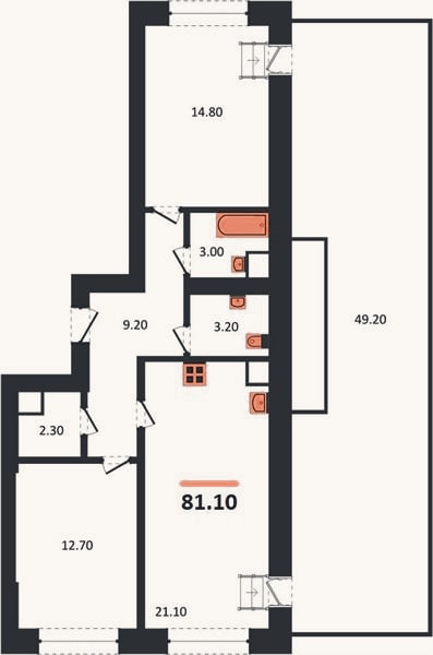 Планировка: 2-к, 81,1 м²