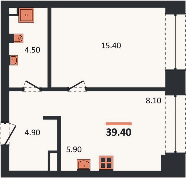 Планировка: 1-к, 39,4 м²
