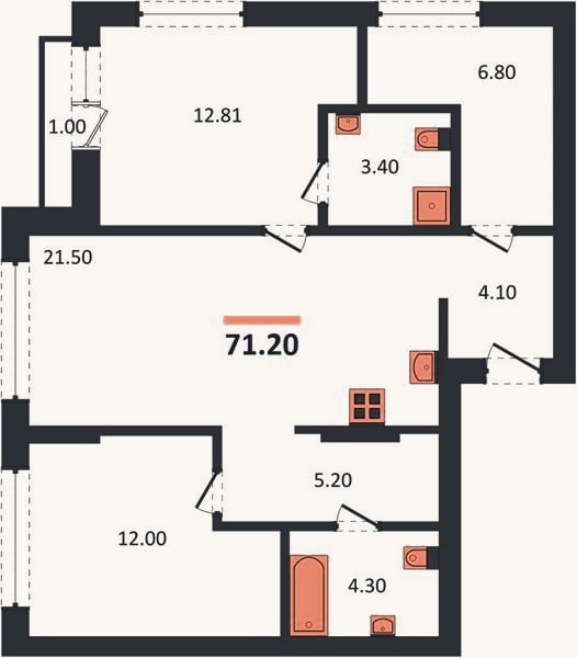 Планировка: 2-к, 71,2 м²