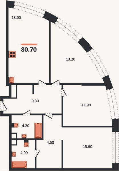 Планировка: 3-к, 80,7 м²