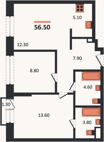 Планировка: 2-к, 56,5 м²