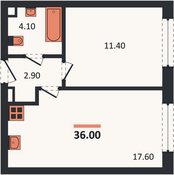 Планировка: 1-к, 36 м²