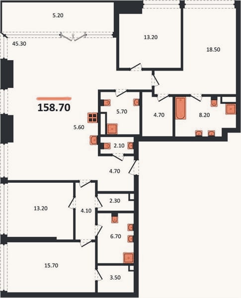 Планировка: 4+ к, 158,7 м²