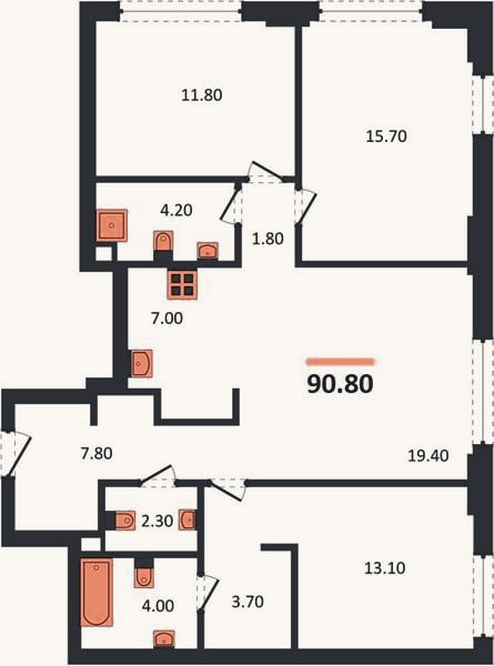 Планировка: 3-к, 90,8 м²