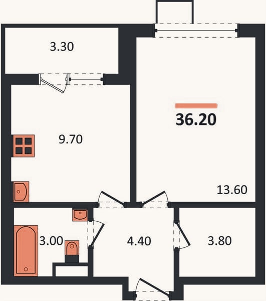 Планировка: 1-к, 36,2 м²