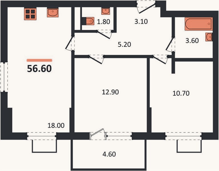 Планировка: 2-к, 56,6 м²