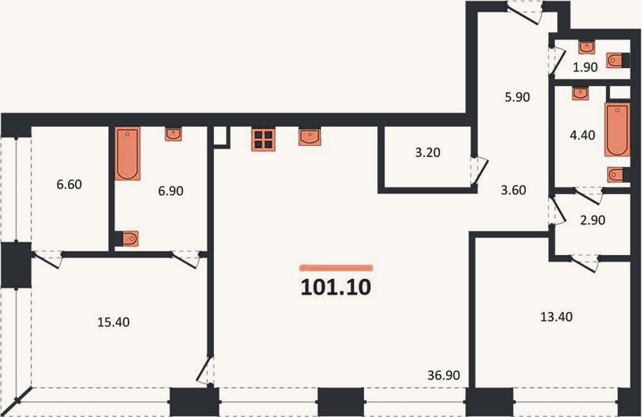 Планировка: 2-к, 101,1 м²