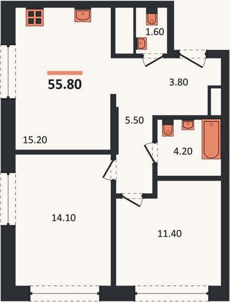 Планировка: 2-к, 55,8 м²