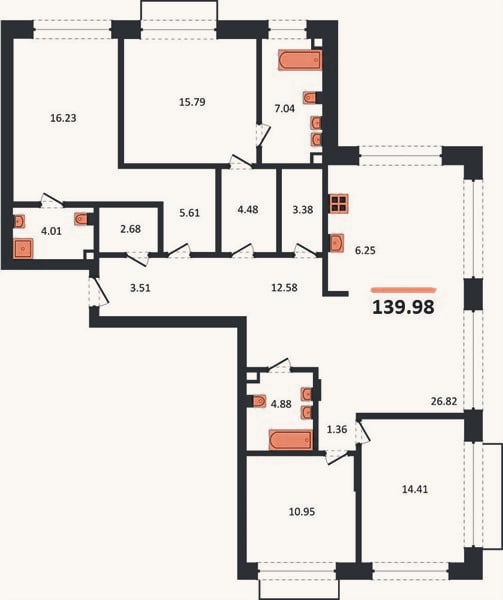 Планировка: 4+ к, 140 м²