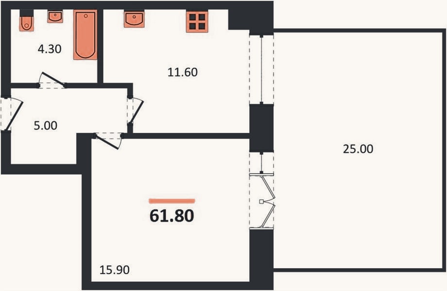 Планировка: 1-к, 61,8 м²