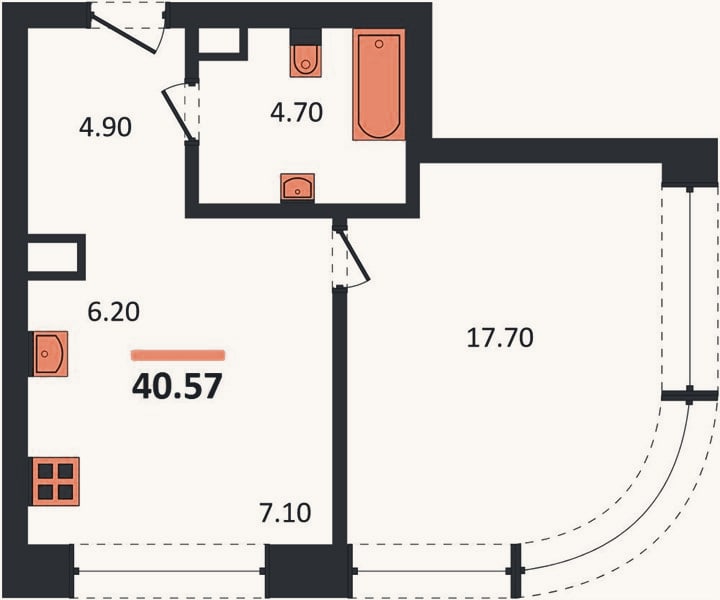 Планировка: 1-к, 40,6 м²