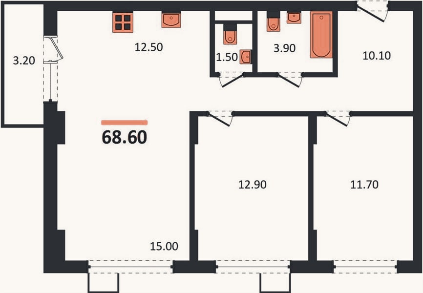 Планировка: 3-к, 68,6 м²