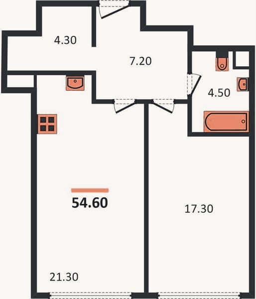 Планировка: 1-к, 54,6 м²